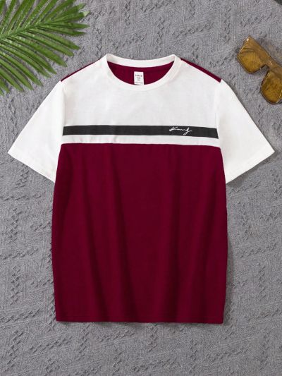 SHEIN Kids EVRYDAY Tween Boy Loose Fit Casual Color Block Short Sleeve T-Shirt With Letter Print