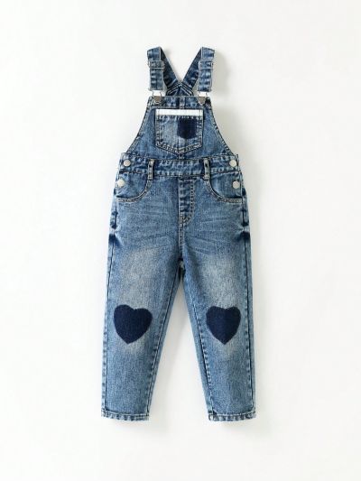Young Girl Heart Print Denim Overalls