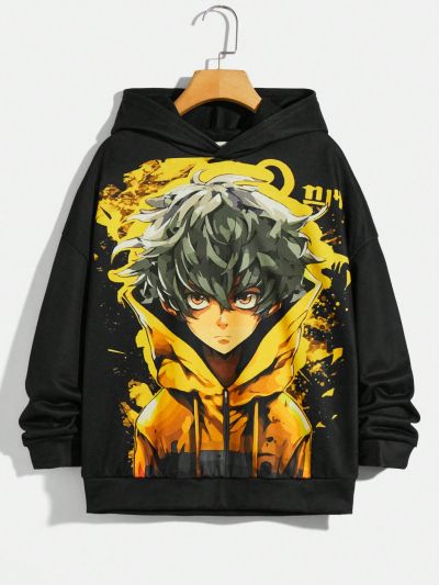 SHEIN Boys' Casual Hooded Pullover Knitted Sweater With Cartoon Print, Youth