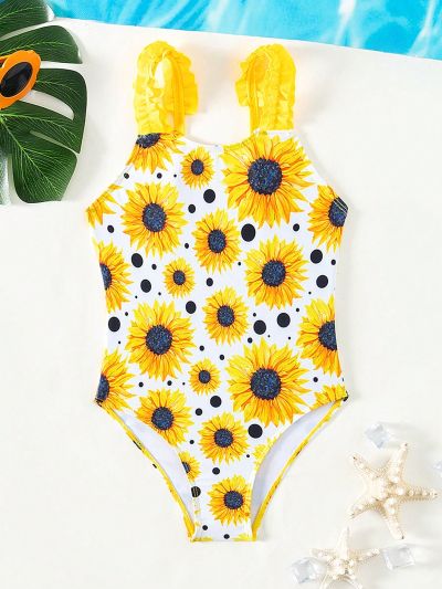Young Girls' One-Piece Swimsuit With Sunflower Print And Ruffle Detailing