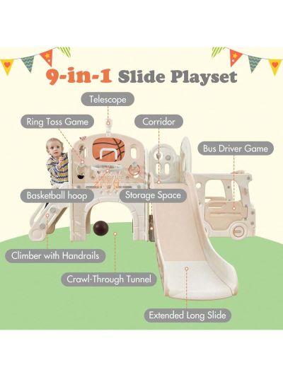 Merax Kids Slide Playset Structure 9 in 1, Freestanding Castle Climbing Crawling Playhouse with Slide, Arch Tunnel, Ring Toss, Realistic Bus Model and Basketball Hoop, Toy Storage Organizer for Toddlers