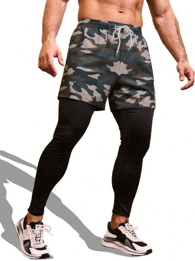 Running Men'S Drawstring Waist Camo Print 2-In-1 Sport Pants