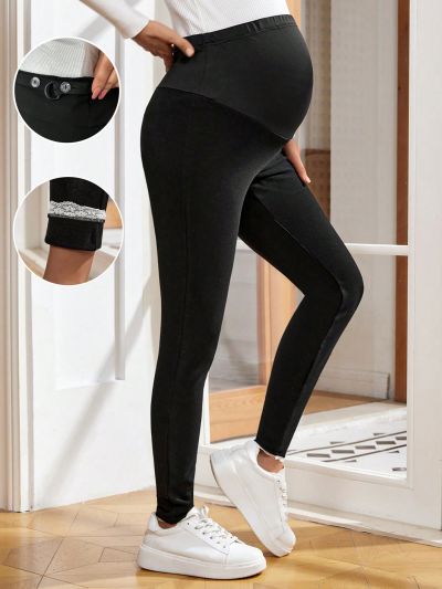 SHEIN Maternity Knitted Waist Adjustable Long High Waist Leggings