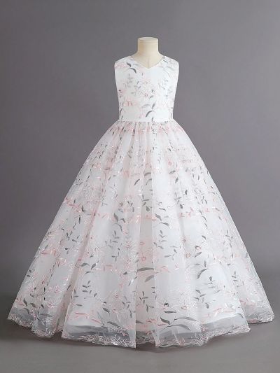 Tween Girl's Romantic Embroidered Floral Gorgeous Princess Dress, Perfect For Wedding, Flower Girl, Host, Party, Birthday Celebration
