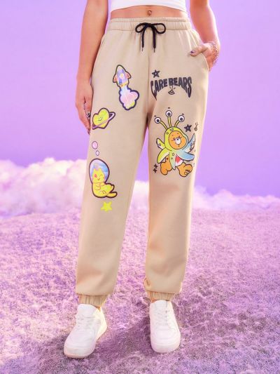 ROMWE X Care Bears Cartoon Letter Print Drawstring Waist Jogger Pants