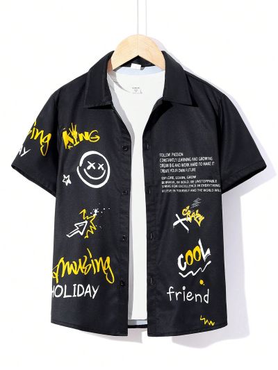 SHEIN Kids EVRYDAY Tween Boys' Doodle Pattern Woven Turn-Down Collar Short Sleeve Shirt, Summer
