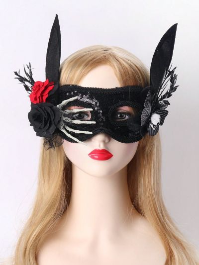 1pc Black Gothic Style Lace Mask With Sparkly Sequins, Ghost Hand, Butterfly, Ghost Head, Red Rose, Black Onion Powder, Bunny Ears, Eye Decoration For Women's Halloween Party/festival Wear