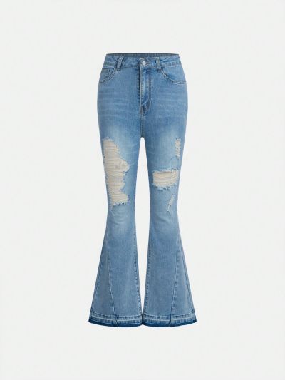 Teen Girl Y2k Vintage Bleach Wash Frayed Hole Low Waist Flare Jeans