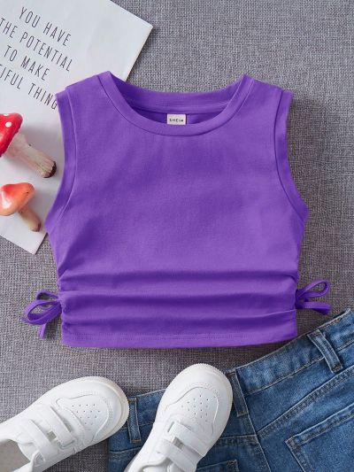 SHEIN Kids EVRYDAY Tween Girls' Knit Ruffle Detail Bowknot Tank Top With Round Neckline, Casual