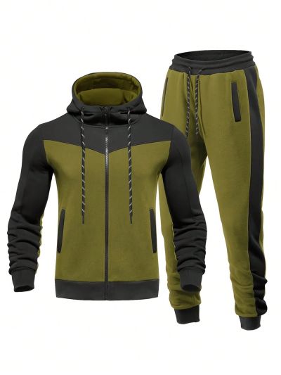 Men'S Color Block Hooded Sports Sweatshirt And Sweatpants Set