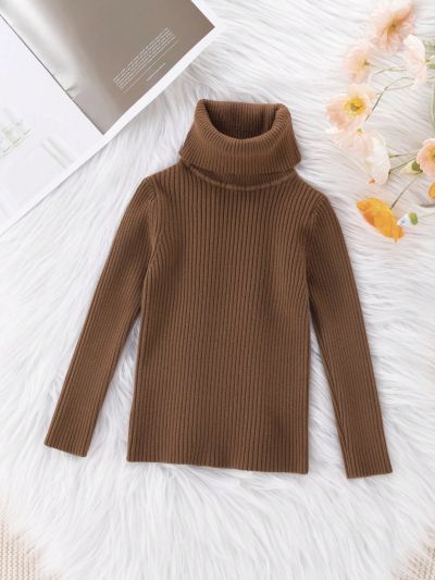 SHEIN Kids QTFun Little Girls' Turtleneck Long Sleeve Cable Knit Sweater