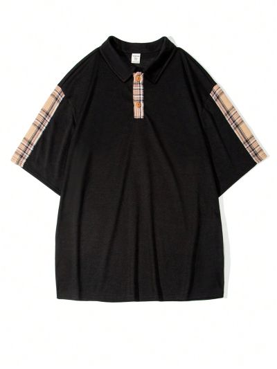 SHEIN Teen Boys' Casual Comfortable Plaid Patchwork Contrast Color Short Sleeve Polo Shirt
