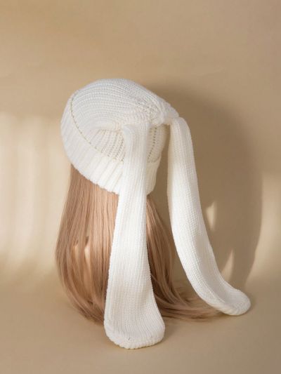 1pc Women's White Long Rabbit Ear Folded Hem Knit Hat, Fun Knitting Beanie With Increased Thickness For Warmth, Suitable For Autumn And Winter Parties