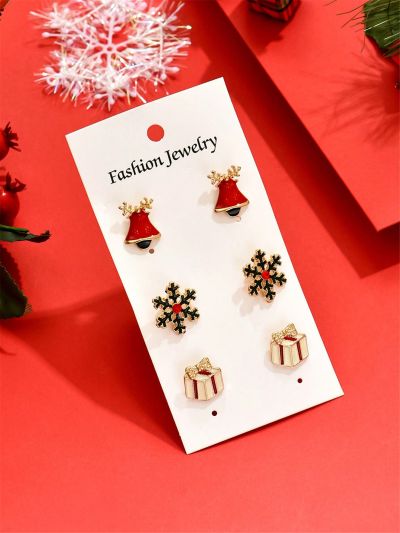 3pairs/set Fashion Zinc Alloy Rhinestone Snowflake Deer Santa Claus Christmas Tree Stud Earrings Set Ladies Christmas Holiday Gifts