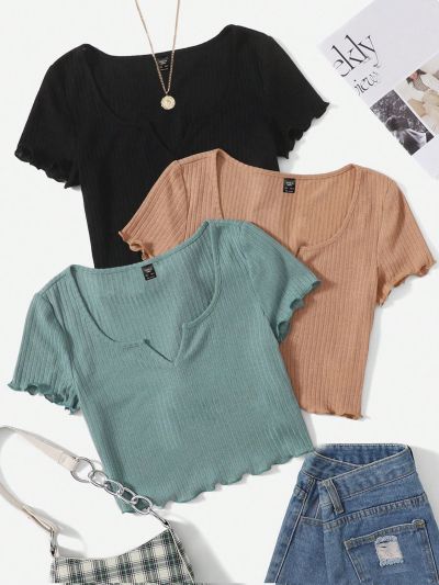 SHEIN CURVE+ Plus Size Women's Short Sleeve 3pcs/Set  Notch V-Neck  Lettuce Trim  T-Shirt With Cutout Detail  Top