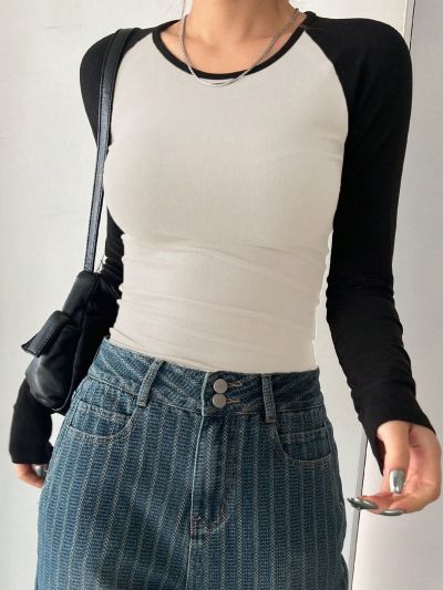 DAZY Round Neck Tight-Fitting Color-Block Short Sleeve T-Shirt With Shoulder Insert, Suitable For Spring And Summer Matching Outfits