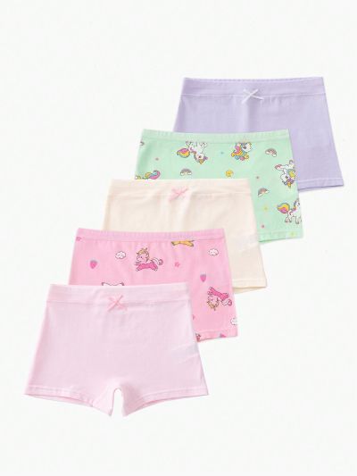 5pcs/Set Toddler Girls' Solid Color Cartoon Printed Boxer Briefs