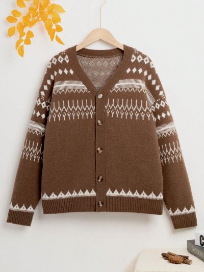Trendy Fair Isle Jacquard Pattern Teen Boy'S Knitted Cardigan Sweater