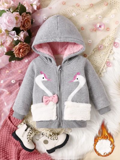 Infant Girls' Thickened Swan Printed Jacket With Fleece Lining