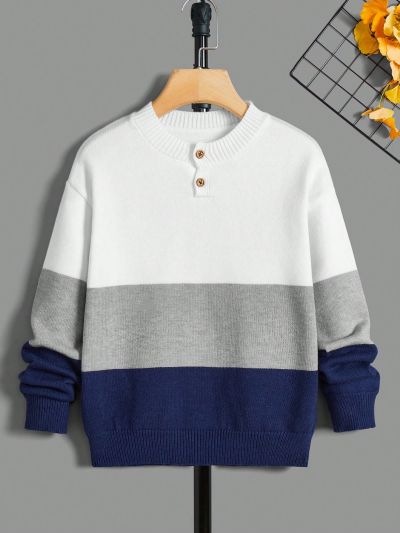 SHEIN Boys' College Style Loose Fit Round Neck Pullover Sweater With Long Sleeves