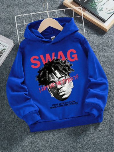 SHEIN Tween Boys' Casual Printed Hoodie With Portrait And Slogan, Long Sleeve, Suitable For Autumn And Winter