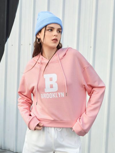 Street Sport Letter Printed Drawstring Hooded Sports Sweatshirt