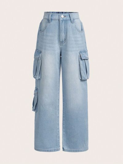 Tween Girl's Washed Cargo Denim Pants