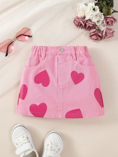 Girls' Y2k Style Sweet And Cool Heart-Shaped Printing Elastic Waist Denim Skirt