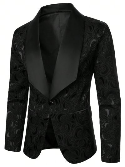 Men Contrast Panel Shawl Collar Jacquard Single Button Blazer