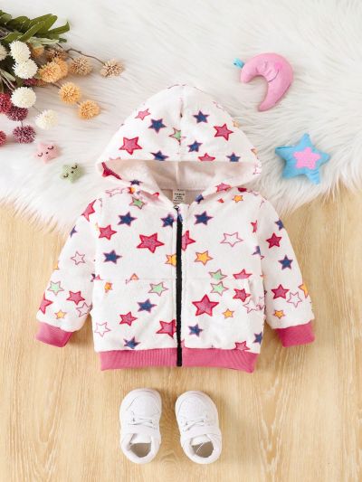 Baby Girls' Plush Long Sleeve Colorful Star Print Jacket