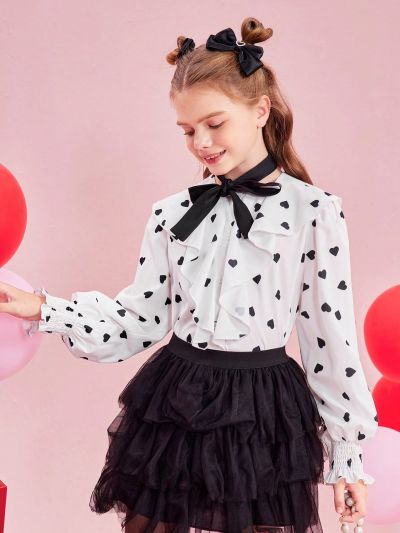 SHEIN Kids FANZEY Tween Girls Polka Dot Woven Loose Casual Shirt With Ruffle Hem Detail