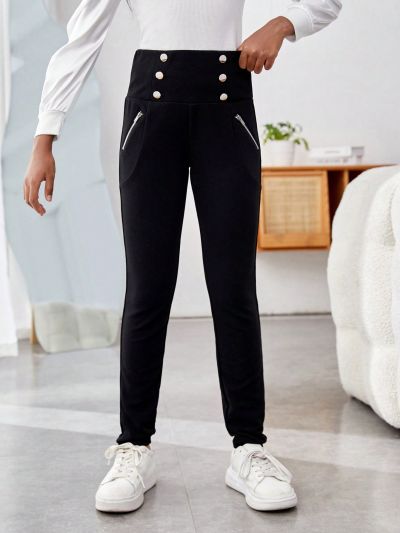 SHEIN Girls' Daily Casual Solid Color Knitted Pants With Slim Fit