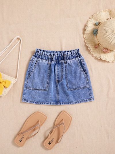 SHEIN Tween Girls' Comfortable, Water-Washed, Elastic Waist, Cute Denim Skirt For Spring And Summer