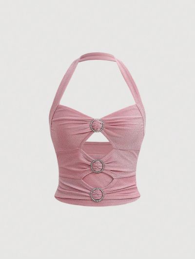 SHEIN MOD Rhinestone Circle Decorated Hollow Out Detail Sparkly Halter Top