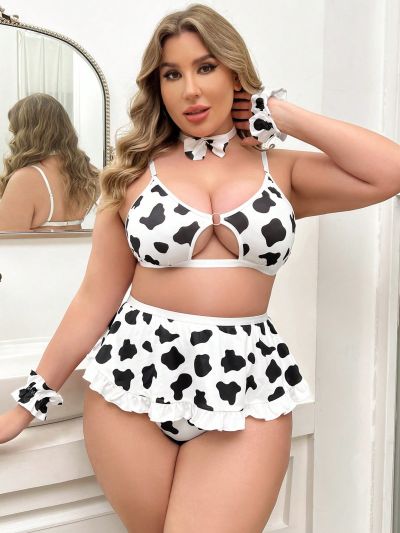 Plus Size Women's Sexy Lingerie Set With Cow Print Design Including 6 Pieces: Bra (No Underwire), Thong, Waistband, Neck Ring, 2 X Bracelets.