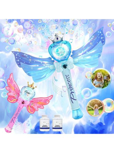 VATOS 2 Pack Light Up Princess Bubble Wands - Fairy Magic Wand for Kids Led Light & Music Princess Toy Automatic Bubble Machine Maker, Party Birthday Halloween Toy Gifts for 3 4 5 6 7 8 Year Old Girl