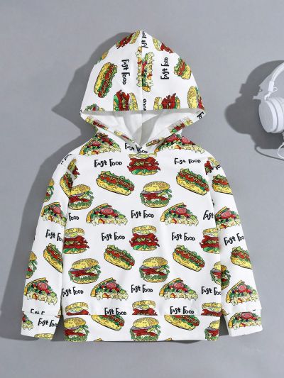 SHEIN Boys' Cute And Comfortable Hamburger Pattern Hooded Sweatshirt