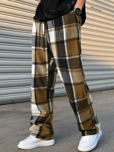 Manfinity Hypemode Men's Plaid Drawstring Waist Slant Pocket Straight Pants