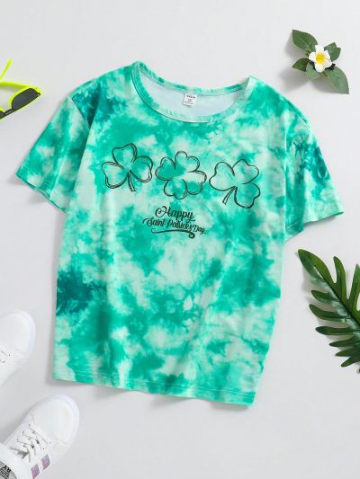 SHEIN Kids SUNSHNE Tween Girls' Casual Shamrock Tie-Dye T-Shirt
