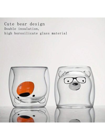2pcs 260ml/8.79oz Cute Creative Bear Double-layered Glass Coffee Milk Tea Whiskey Soda Juice Cup, Birthday Gift, Heat Resistant