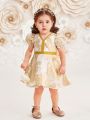 SHEIN Baby Girls' Gold Floral Print Short Sleeve Dress