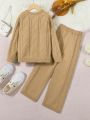 SHEIN Kids Y2Kool Tween Girls' Solid Color Cable Knit Sweater And Pants Set