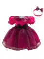Baby Girls' Polka Dot Print Bubble Sleeves Tulle Party Dress
