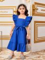 SHEIN Kids Nujoom Young Girls' Lovely Square Neck Double Layer Ruffle Sleeve Belted Midi Dress