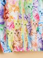 SHEIN Tween Girls' Loose Fit Hoodie Jacket With Cute Cat Print
