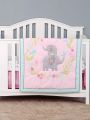 Brandream 3 Piece Baby Girl Crib Bedding Set Pink Elephant Safari Animal Nursery Bedding with Elephant Floral 3D Design Comforter Set, Fitted Sheet,Crib Skirt