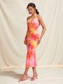 Amiko Women's Tie Dye Spaghetti Strap Dress With Cowl Collar And Open Back