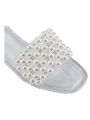 Women's Sparkle Pearl Flat Sandals Fashion Square Open Toe Jeweled Slides Slip on Rhinestone Bling Slippers
