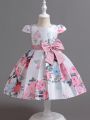 Young Girl's Party Dress With Flower Pattern, Bowknot Decoration And Fluffy Skirt For Performance