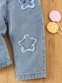 Baby Girls' Jeans With Star Pattern And Emoji Embroidery Design